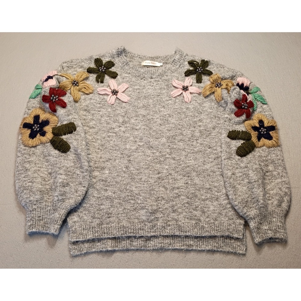Vintage Simply Couture Women's Large Sweater Gray‎ Floral Wool Blend Beaded Yarn